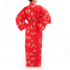 kimono yukata traditionnel japonais rouge en coton fleurs prune dorées pour femme