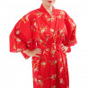 kimono yukata traditionnel japonais rouge en coton fleurs prune dorées pour femme