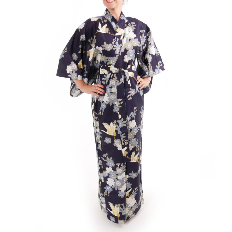 kimono yukata traditionnel japonais bleu en coton fleurs de cerisiers et grues pour femme