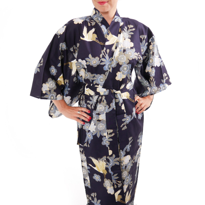 kimono yukata traditionnel japonais bleu en coton fleurs de cerisiers et grues pour femme
