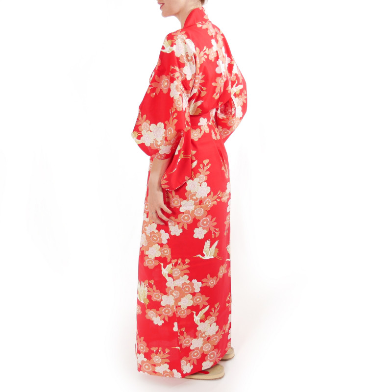 Japanese traditional red cotton yukata kimono cherry blossoms and crane for ladies