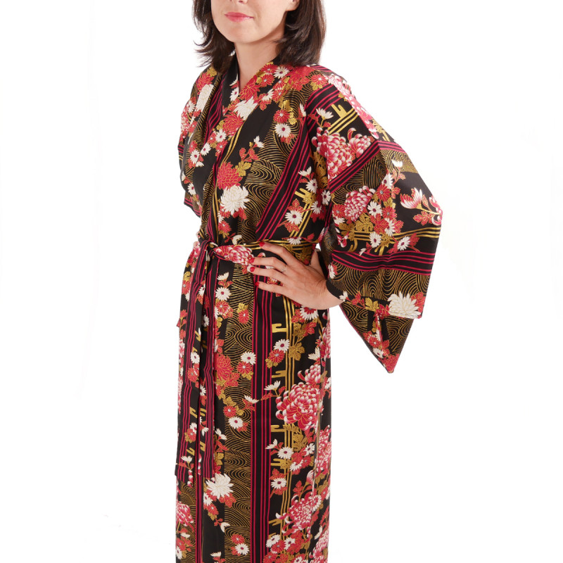 yukata japonés kimono algodón negro, KIKU, madres