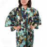kimono yukata traditionnel japonais bleu en coton chrysanthèmes fleuris pour femme