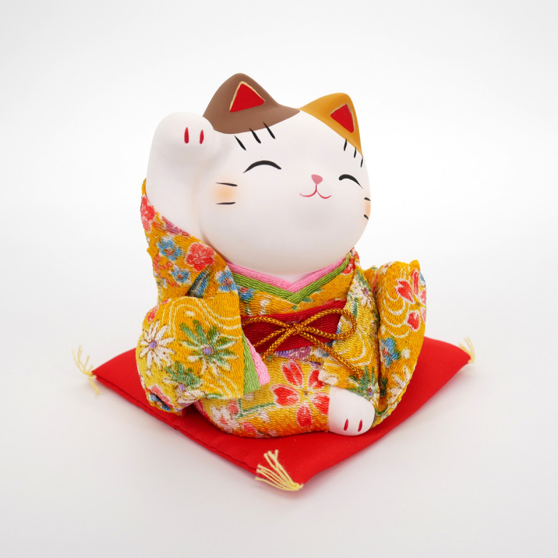 Gato manekineko japonés afortunado in ceramica, KIMONO, amarillo