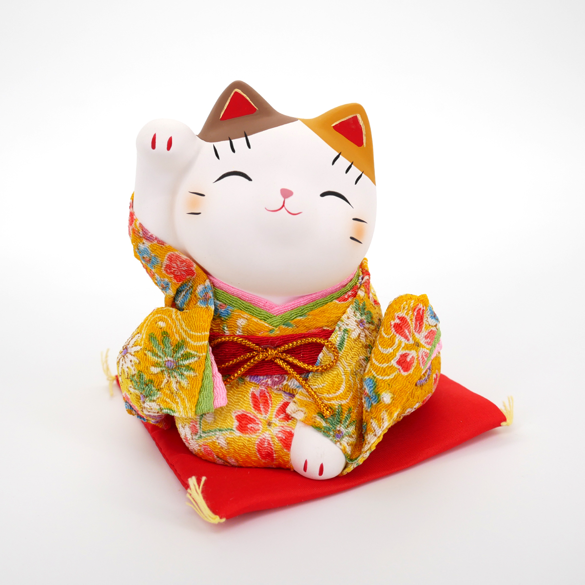 chat porte-bonheur manekineko japonais en céramique, KIMONO, jaune