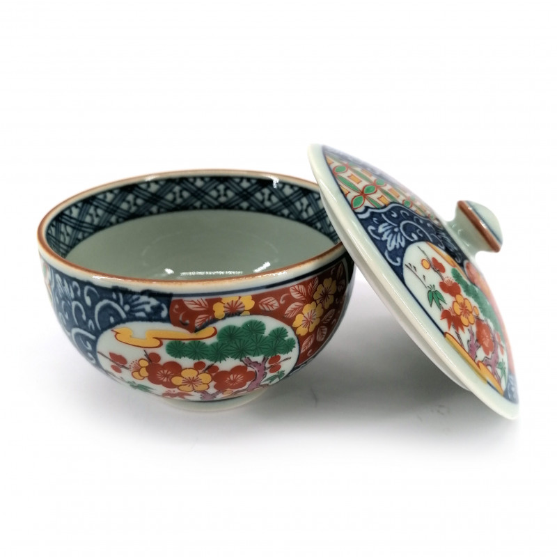 Tazza da tè giapponese con coperchio Chawanmushi, blu rossa KOIMARI fiori