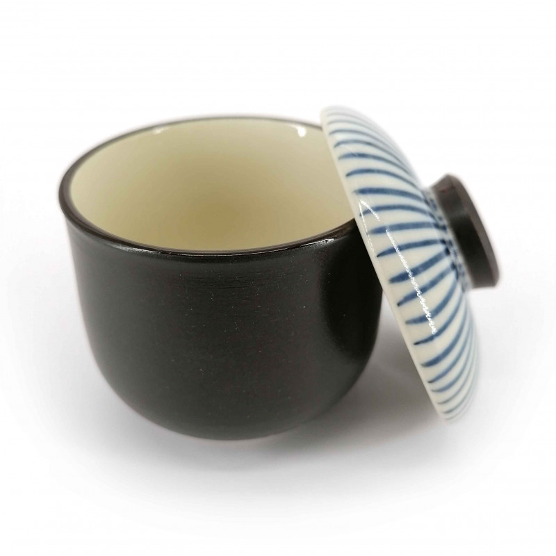 japanese tea bowl with lid - chawanmushi -TOKUSA blue lines