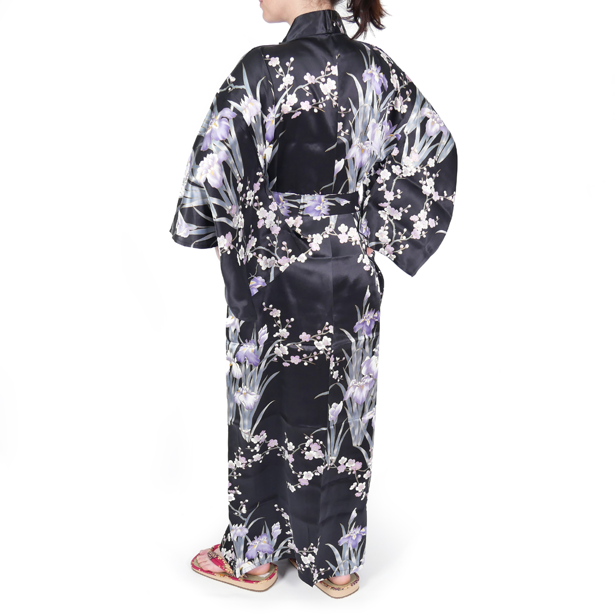 kimono yukata japonais noir en soie fleurs iris prune pour femme