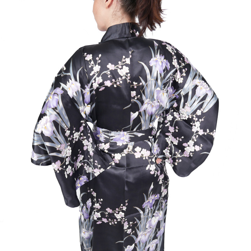 schwarzer japanischer Yukata Kimono in Seide, SHIBORIUME, Iris und Pflaumenblüten