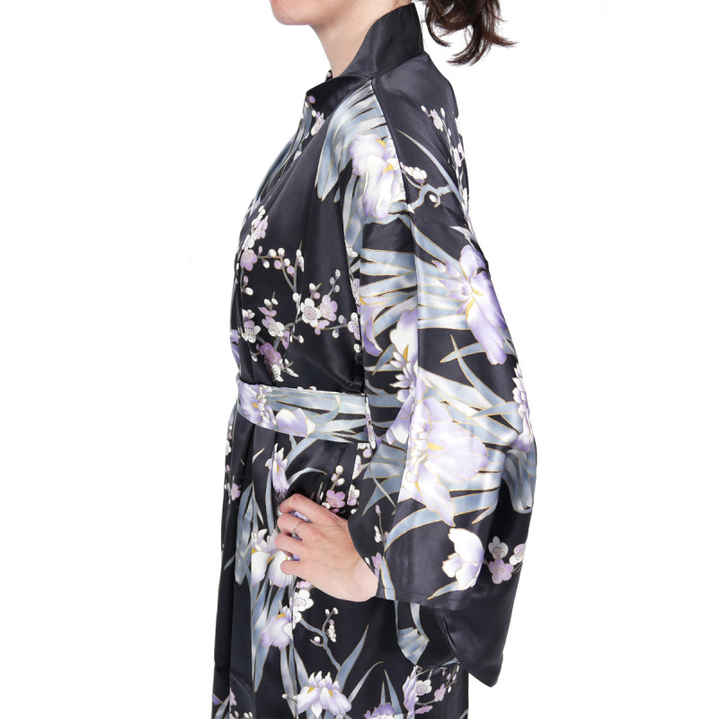 Kimono Yukata Japonés Negro En Seda, SHIBORIUME, flores de iris y ciruela