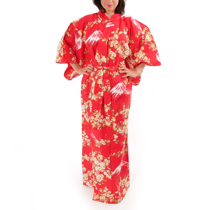 japanische Yukata Kimono rote Baumwolle, SAKURA FUJI, Sakura-Kirschblüten und Fuji-Montierung