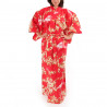 kimono yukata traditionnel japonais rouge en coton fleurs de cerisiers sakura sur mont fuji pour femme