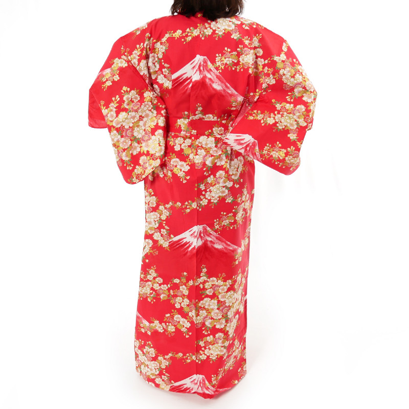 yukata japonés kimono rojo algodón, SAKURA FUJI, Sakura flores de cerezo y monte fuji