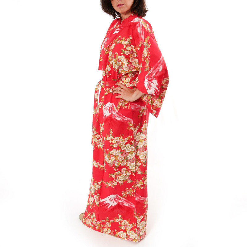 japanische Yukata Kimono rote Baumwolle, SAKURA FUJI, Sakura-Kirschblüten und Fuji-Montierung