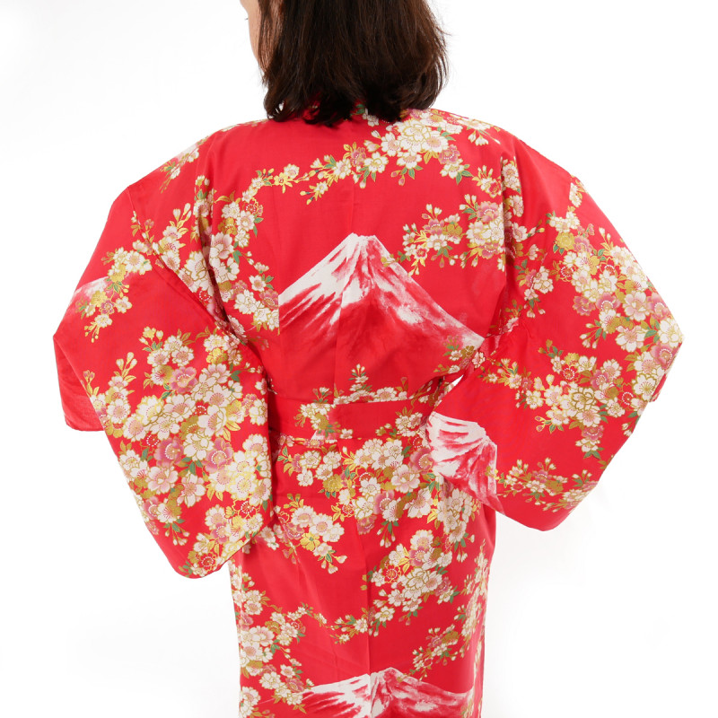 Japanese traditional red cotton yukata kimono sakura flowers on mont fuji for ladies