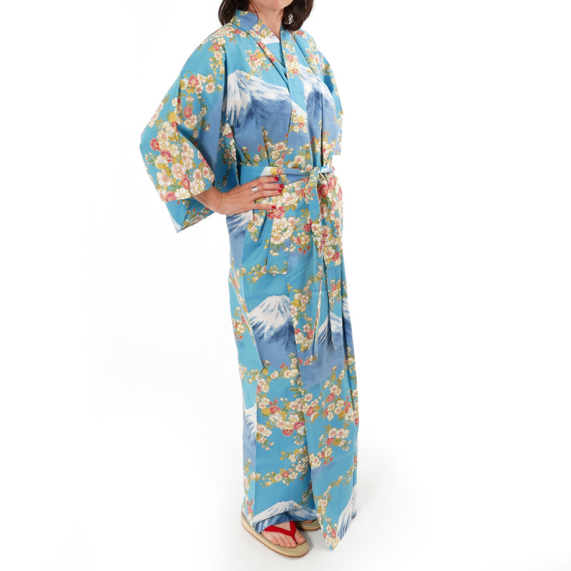 kimono giapponese yukata in cotone blu, SAKURA FUJI, fiori di ciliegio sakura e monte fuji