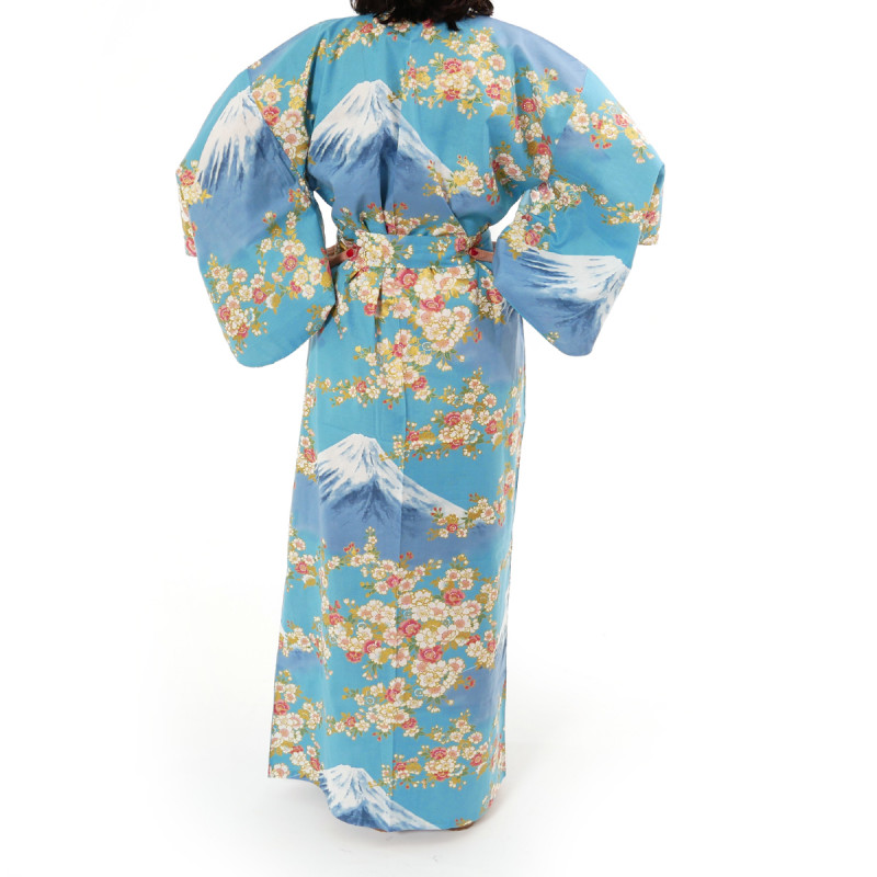 kimono yukata traditionnel japonais bleu en coton fleurs de cerisiers sakura sur mont fuji pour femme