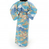 japanische Yukata Kimono blaue Baumwolle, SAKURA FUJI, Sakura-Kirschblüten und Fuji-Montierung