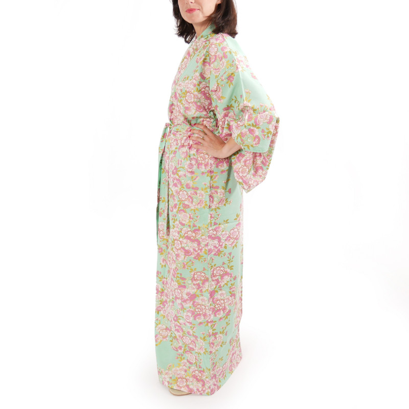 yukata japonés kimono turquesa algodón, SAKURA, flores de cerezo