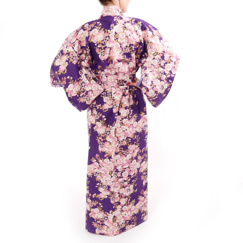 kimono yukata traditionnel japonais violet en coton fleurs de cerisiers sakura pour femme