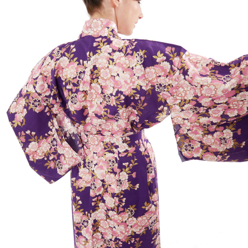 Kimono Yukata Púrpura Japonés En Algodón, SAKURA, flores de cerezo