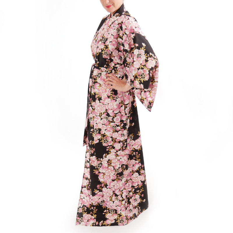 Japanese traditional black cotton yukata kimono colorful sakura flowers for ladies