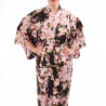 japanischer Yukata Kimono aus schwarzer Baumwolle, SAKURA, Kirschblüten