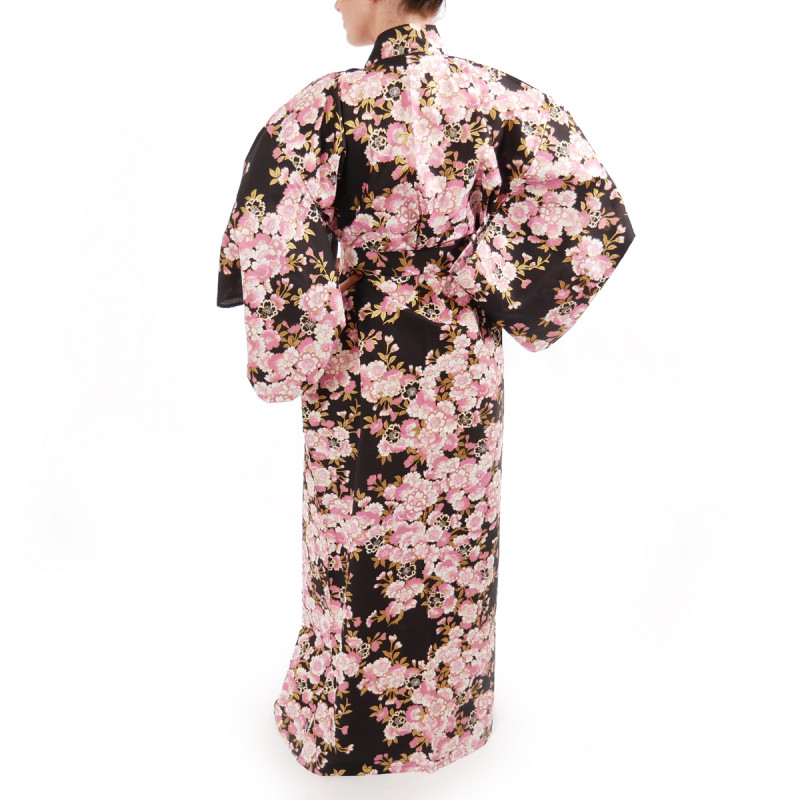 kimono yukata traditionnel japonais noir en coton fleurs de cerisiers sakura pour femme