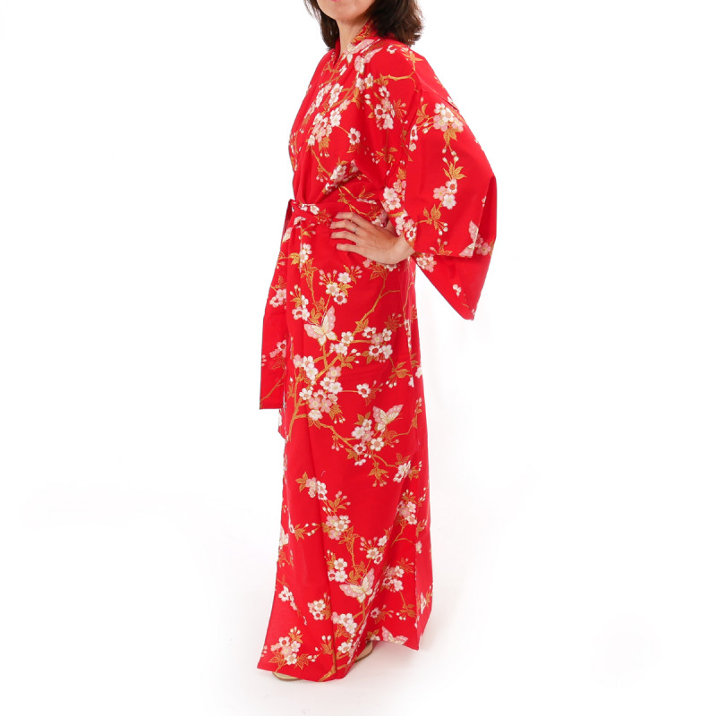 japanische Yukata Kimono rote Baumwolle, CHÔSAKURA, Kirschblüten und Schmetterlinge