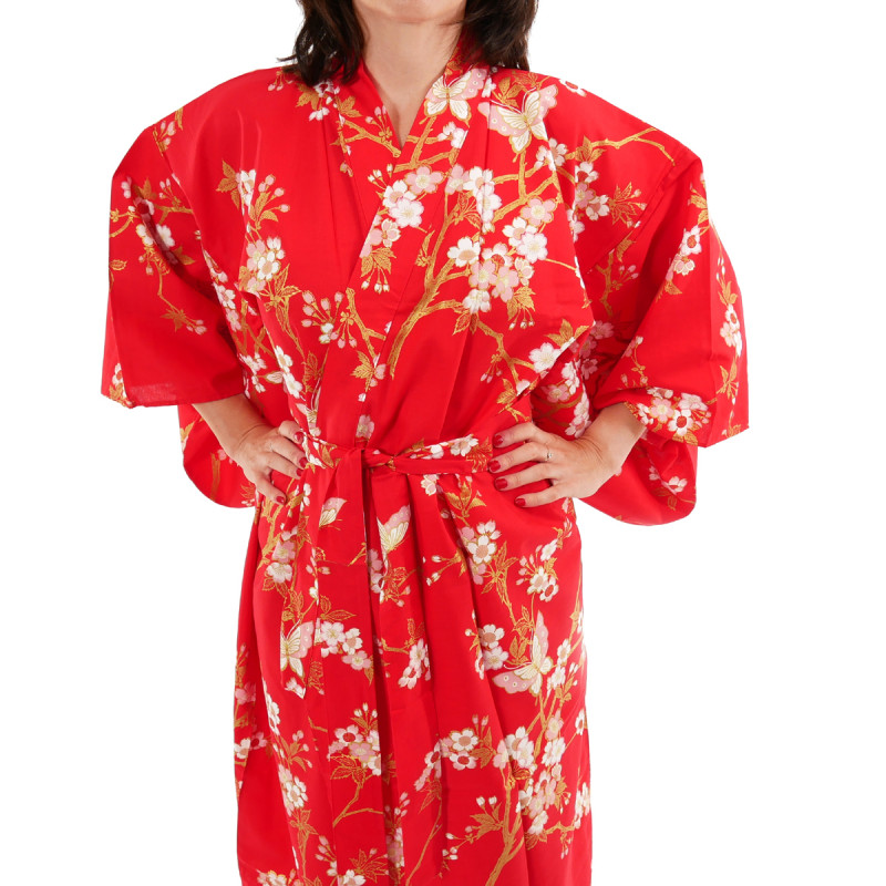 kimono giapponese yukata in cotone rosso, CHÔSAKURA, fiori di ciliegio e farfalle