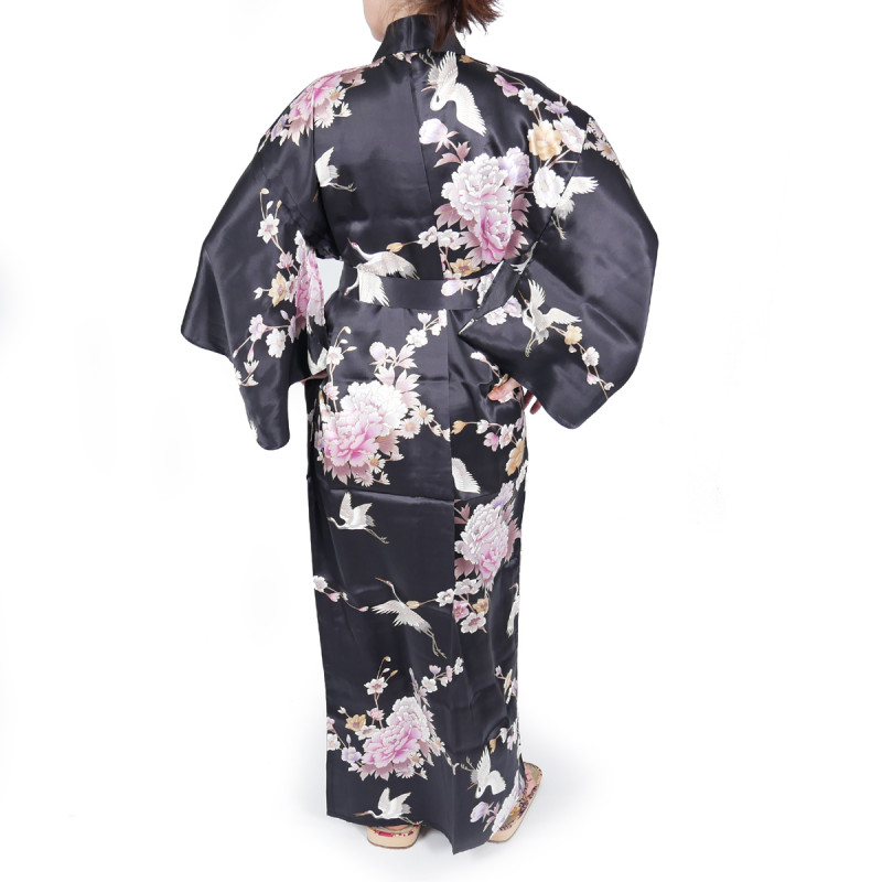 japanese black silk kimono yukata crane and peony for women