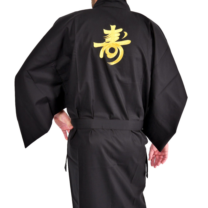 Kimono noir kanji longévité coton drap fin traditionnel japonais pour homme