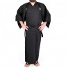 Kimono japonés negro en algodón fino, CHÔJU,  Kanji longevidad