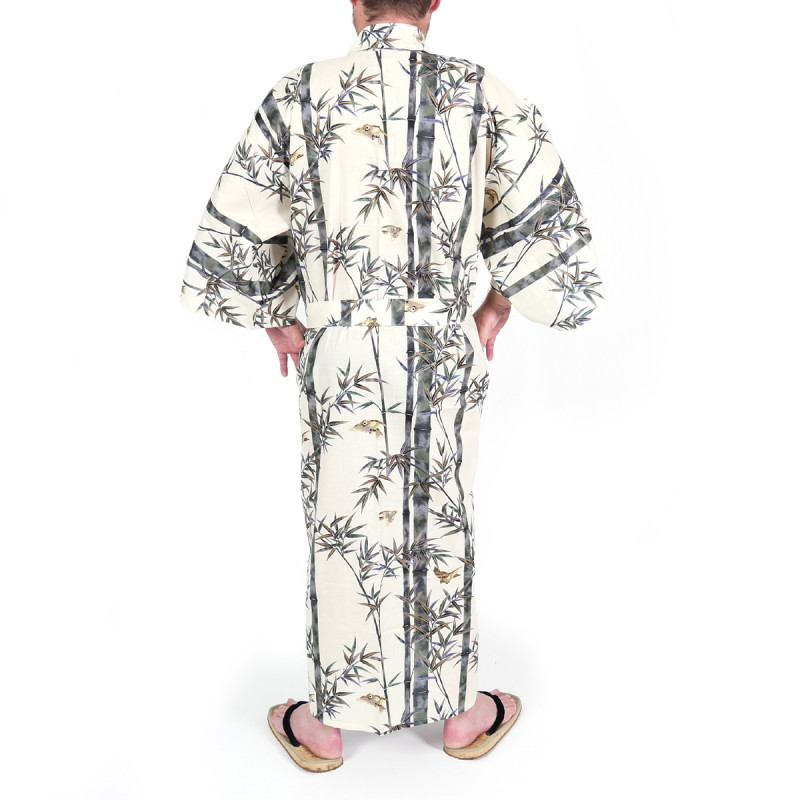 japanischer herren beigefarbener Yukata-Kimono, TAKE, Bambus und Vögel