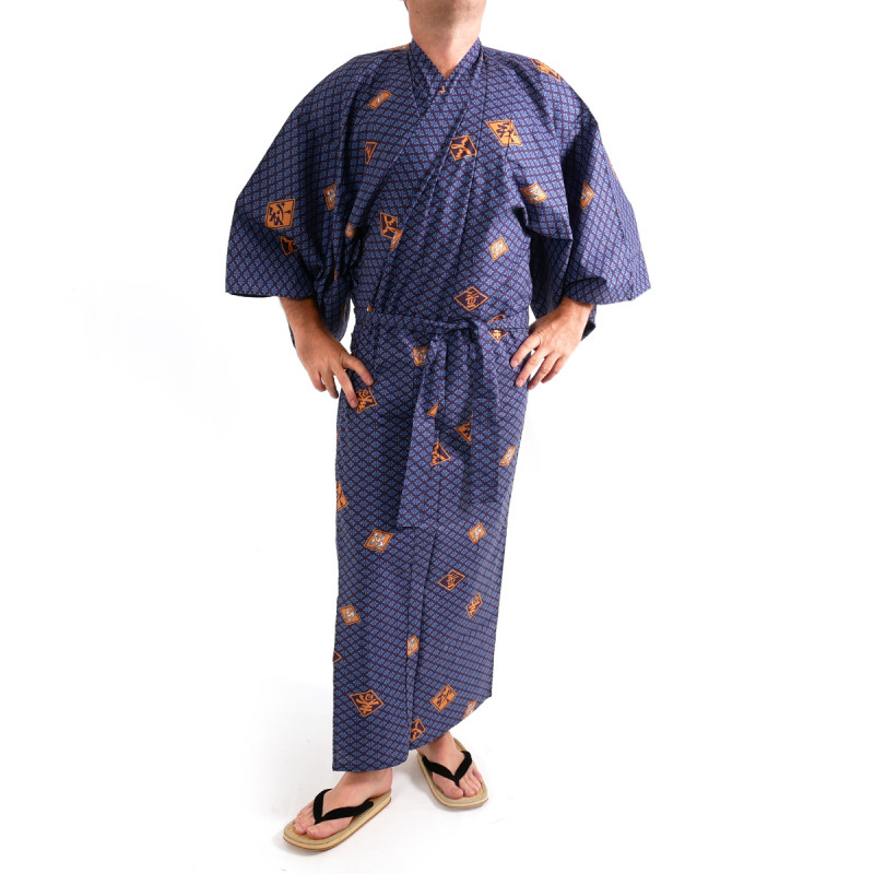 kimono yukata traditionnel japonais bleu en coton motifs diamant et kanji pour homme