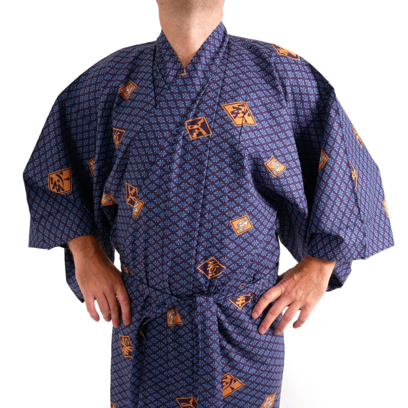 yukata kimono japonés algodón azul, DIAMOND, diamantes y kanji