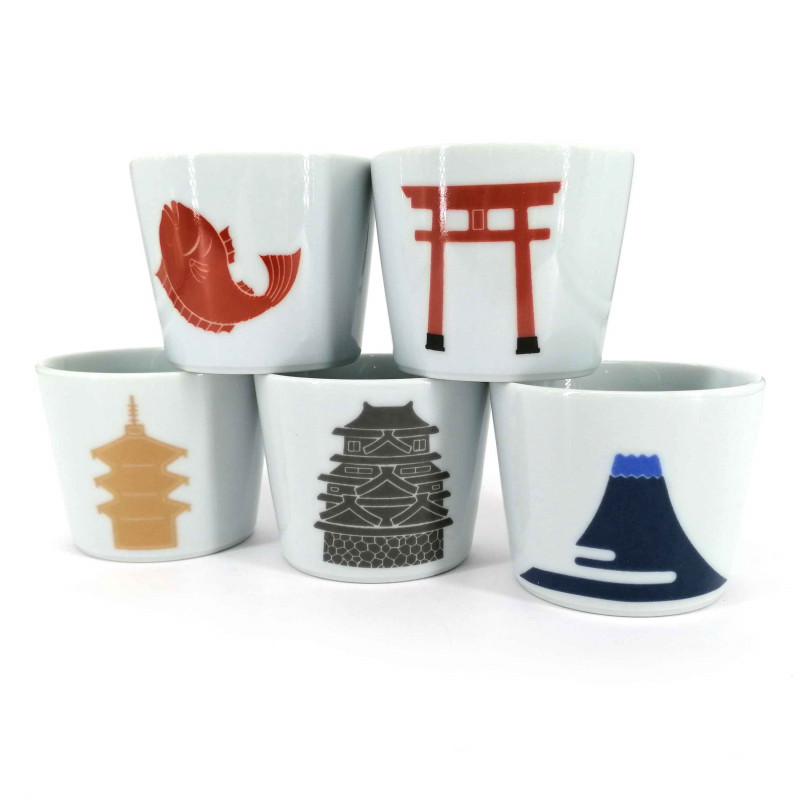 Juego de 5 tazas de cerámica japonesas, símbolos de Japón - NIPPON