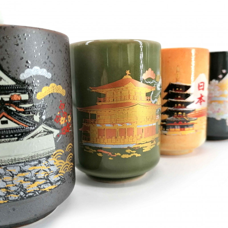 Set of 4 Japanese ceramic cups, traditional golden symbols - KYOTO