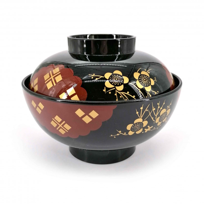Harzsuppenschüssel mit Deckel, schwarz und rot, goldene Sakura-Muster - GORUDENPURAMU
