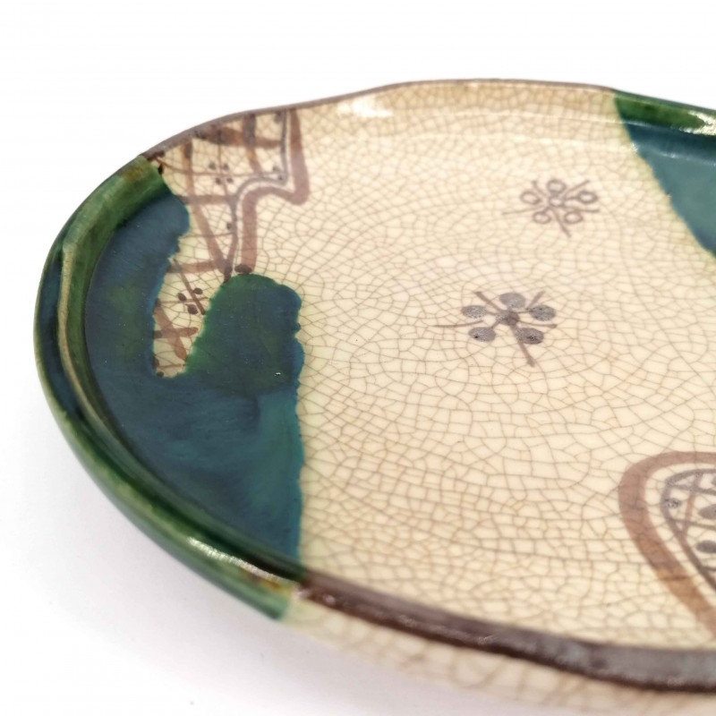 Japanische runde Keramikplatte, beige und grün - ORIBE