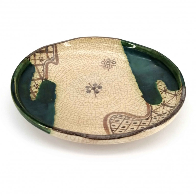 Japanische runde Keramikplatte, beige und grün - ORIBE