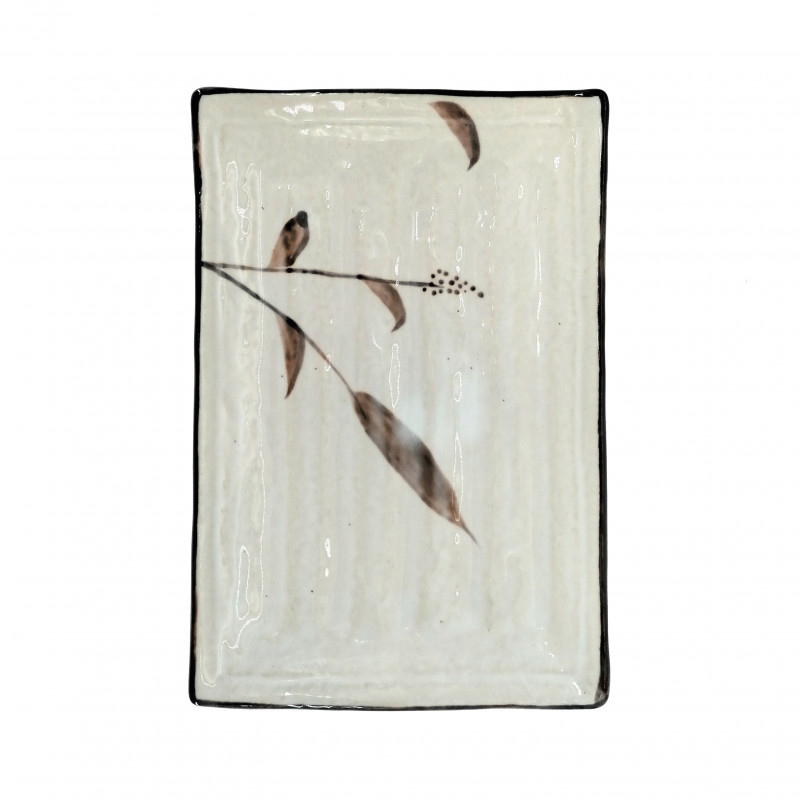 Small rectangular Japanese ceramic plate, white, reed patterns, ASHI