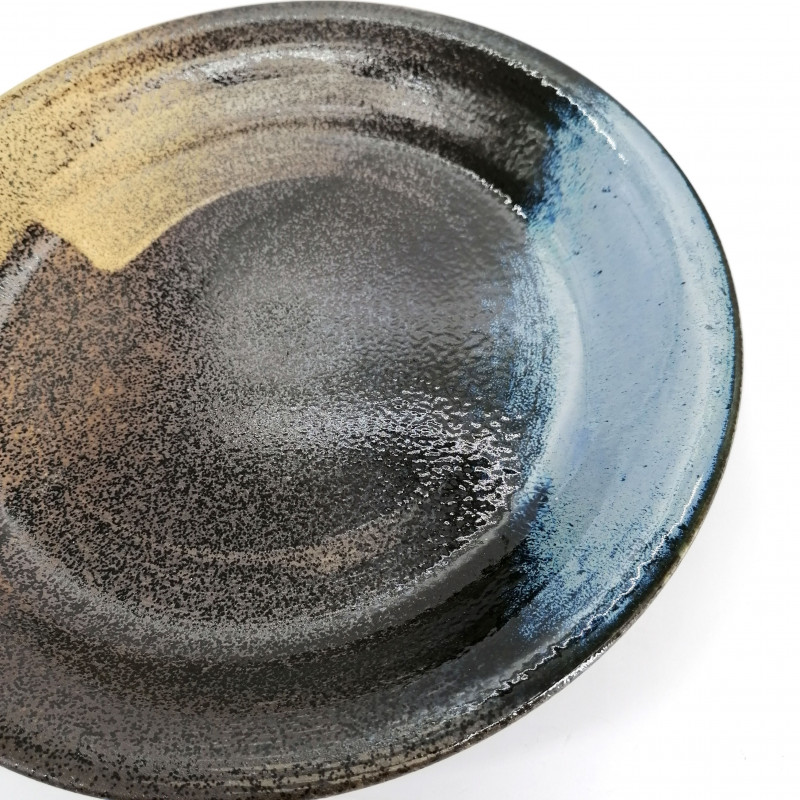 Large round Japanese ceramic plate, brown and blue, MIGAKIMASU