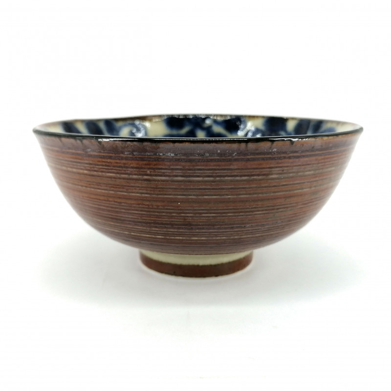 Japanese ceramic rice bowl, brown and blue, HANA NO KARAKUSA