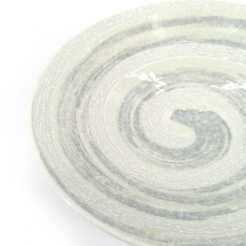 Grand plat japonais rond en céramique, blanc et gris, effet pinceau, SENPU