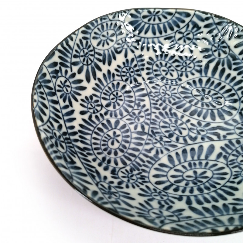 Japanische Keramik-Ramenschale, blau und weiß, KARAKUSA