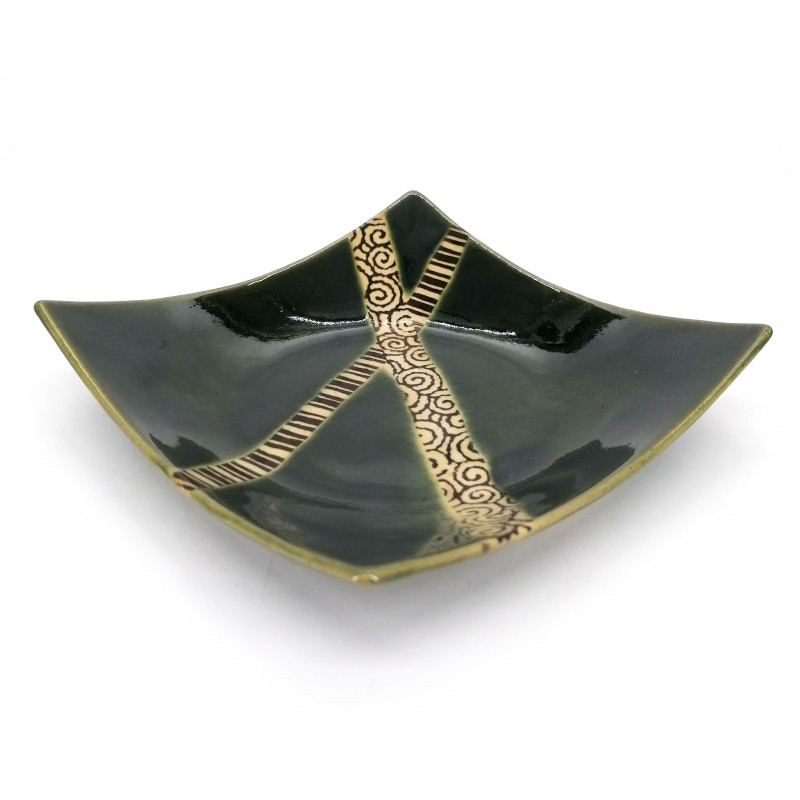 Japanese square ceramic plate with raised edges, green, crossed lines - KUROSUORIBE