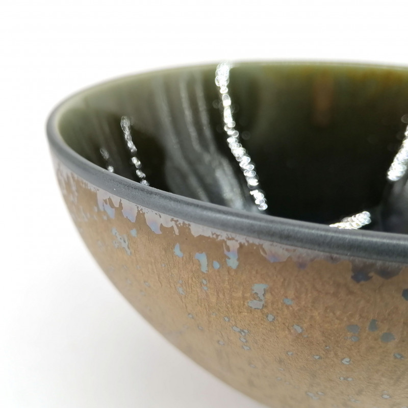 Bol japonais à soupe en céramique, marron pailletté métallique, intérieur vert bleu - METARIKKU