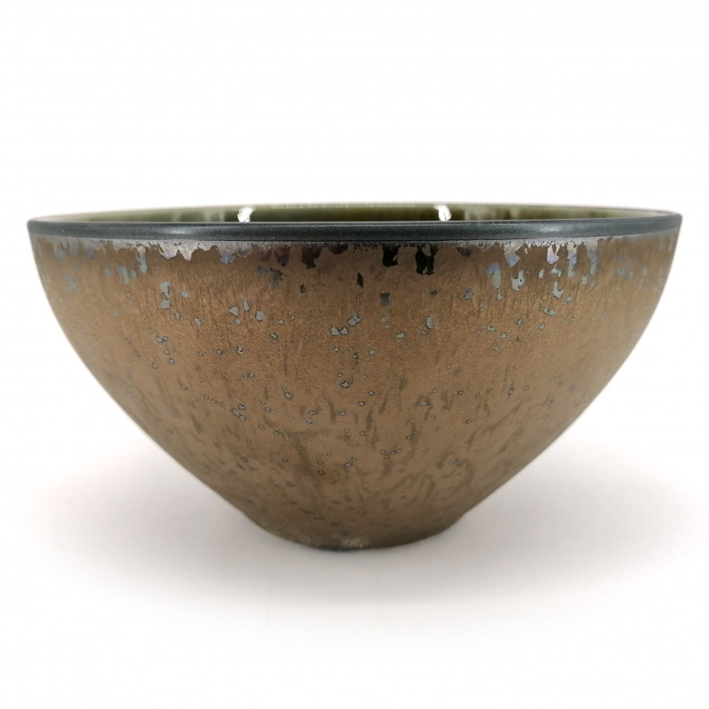 Bol japonais à soupe en céramique, marron pailletté métallique, intérieur vert bleu - METARIKKU