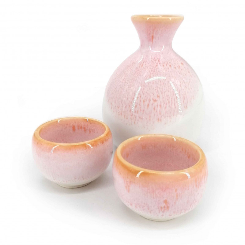 Japanischer Keramik-Sake-Service, pink und weiß, 2 Gläser und 1 Flasche, PINKU